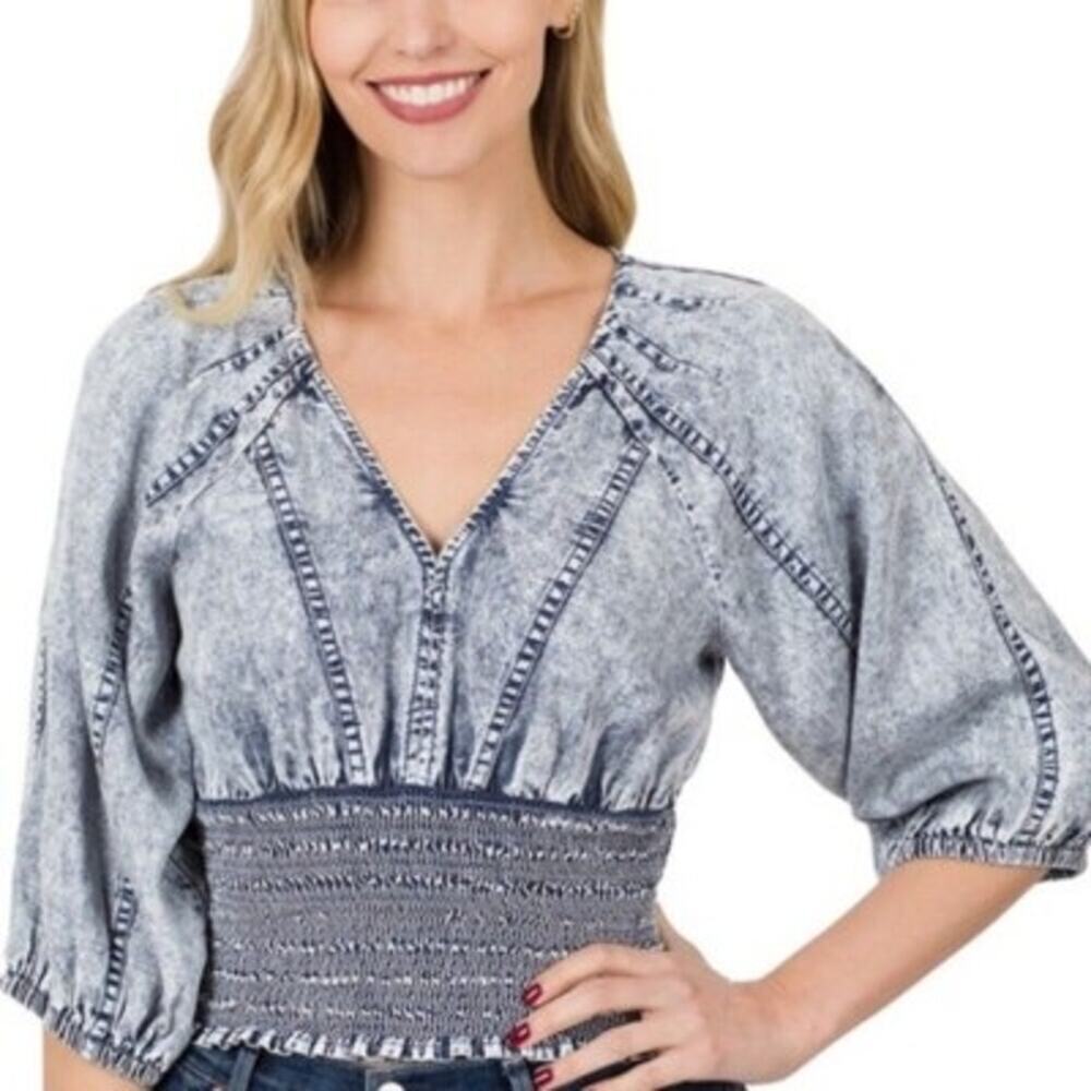 NEW Zenana Acid Wash Smocked Waist Puff Sleeve Denim Style Crop Top Modern Boho‎ - Picture 7 of 16
